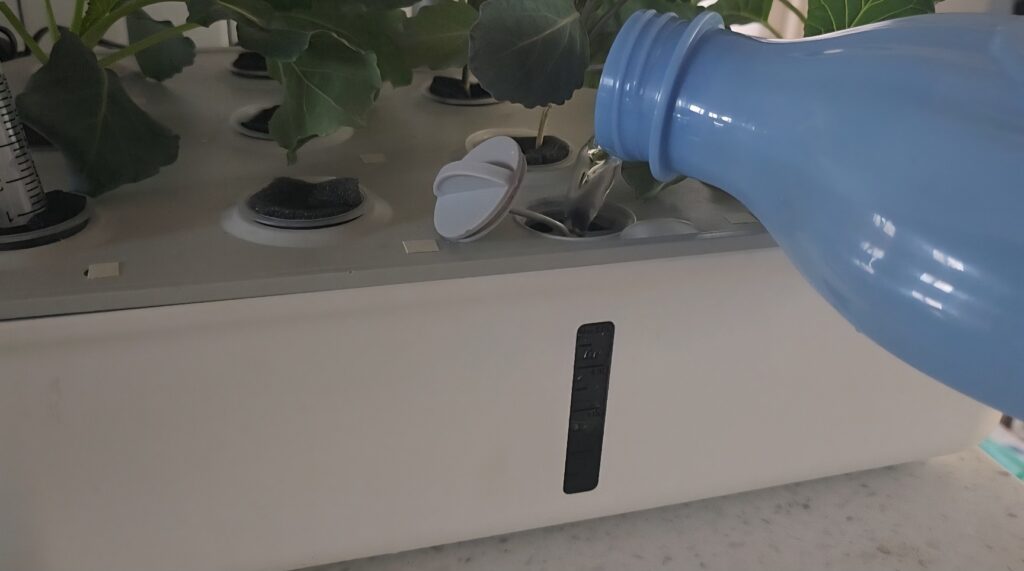 수경재배기 수조에 물을 보충하는 모습