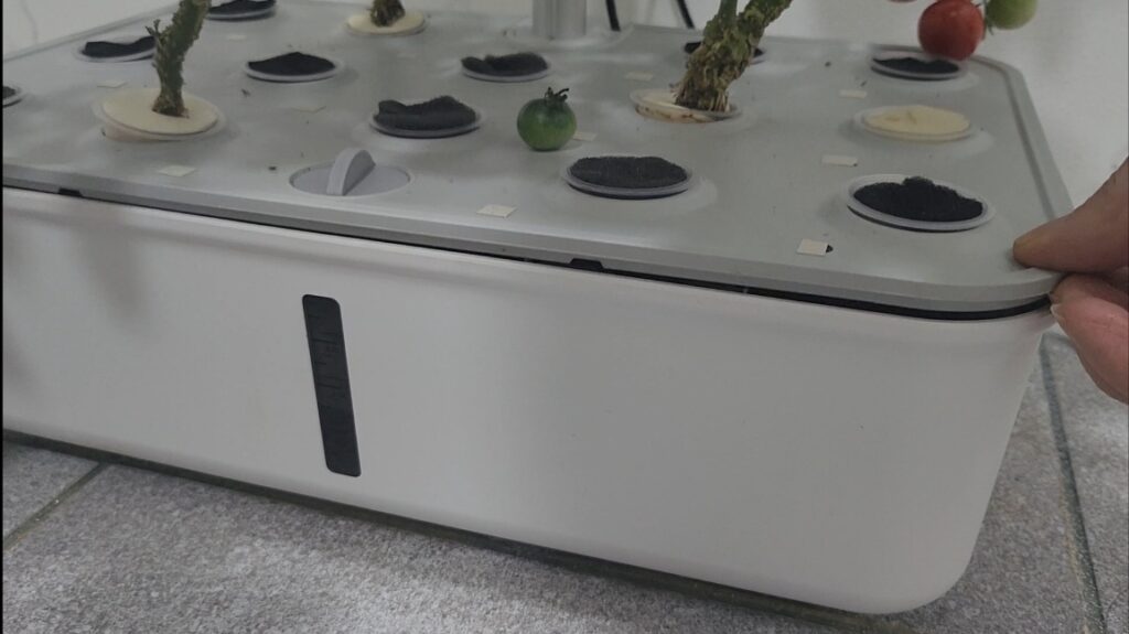 투야 수경재배기의 식물 뿌리 곰팡이 방지를 위해 상판을 조금 들어올리는 모습