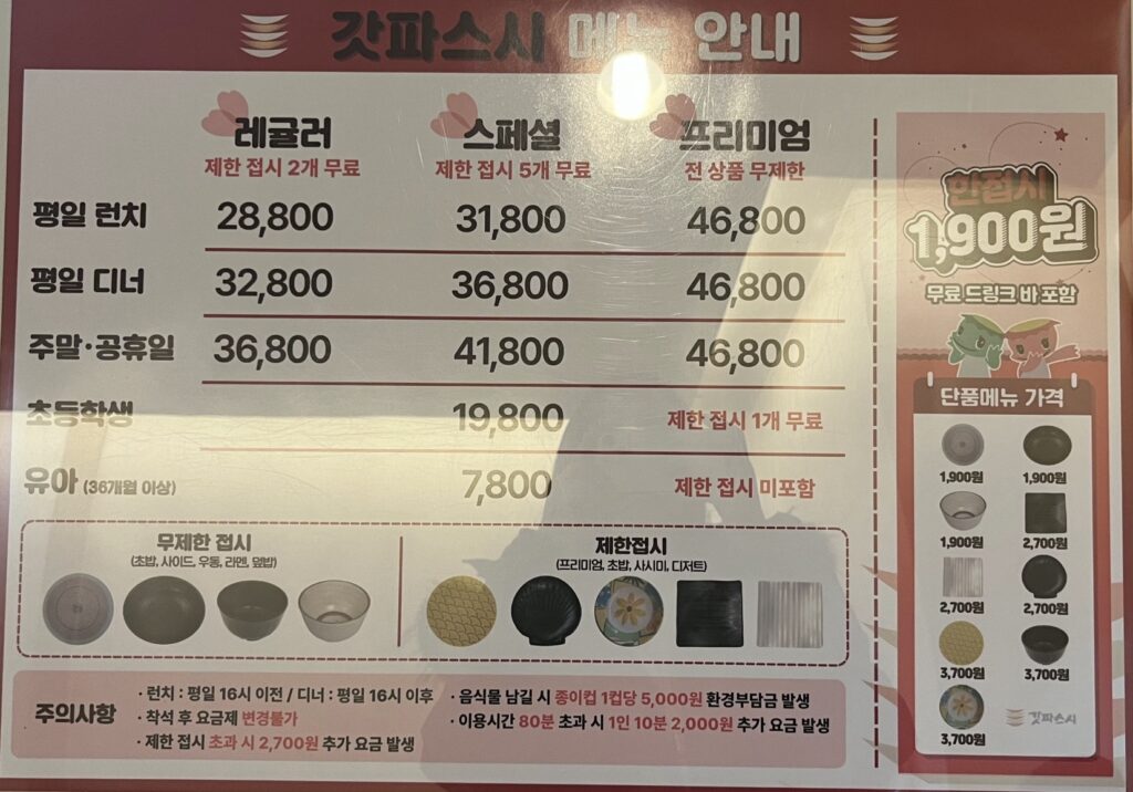 갓파스시 구로점 이용 가격표